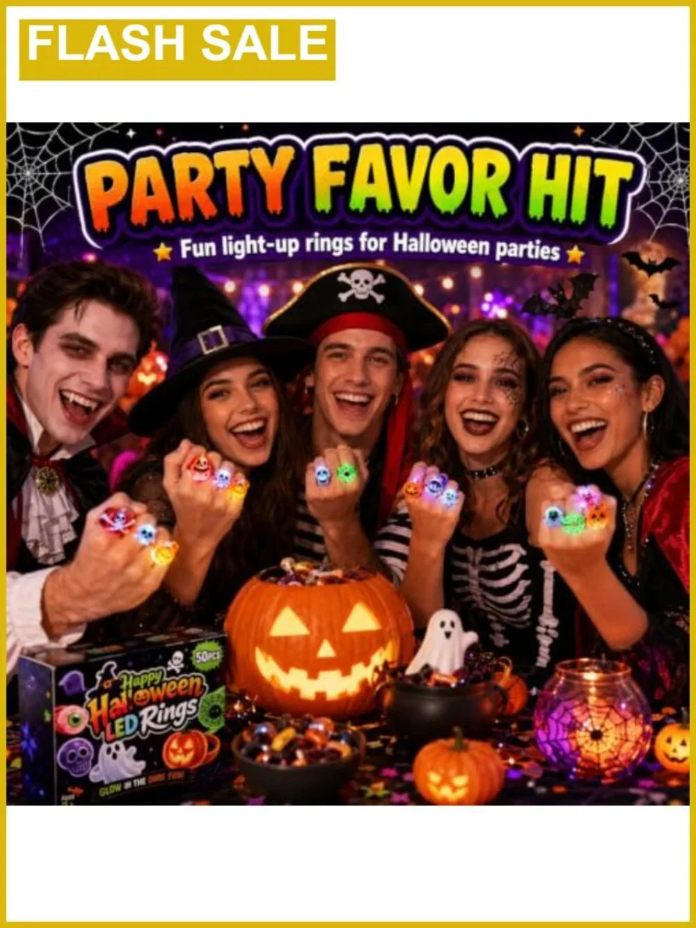 50 Pcs Halloween LED Light Up Rings Party Favors Resin Glow Rings